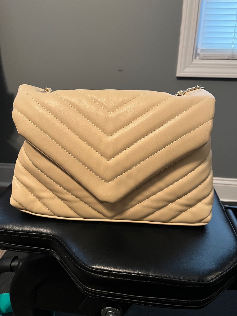 Cream Quilted Chevron Shoulder Bag with Chain Strap